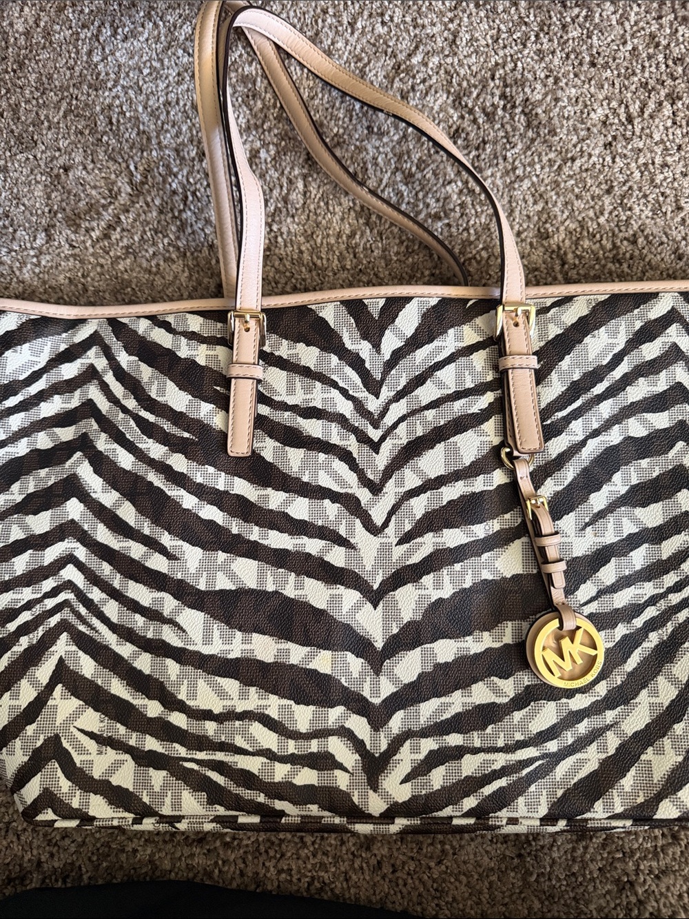 Michael Kors Brown and Cream Zebra-Print Tote with Pink Trim